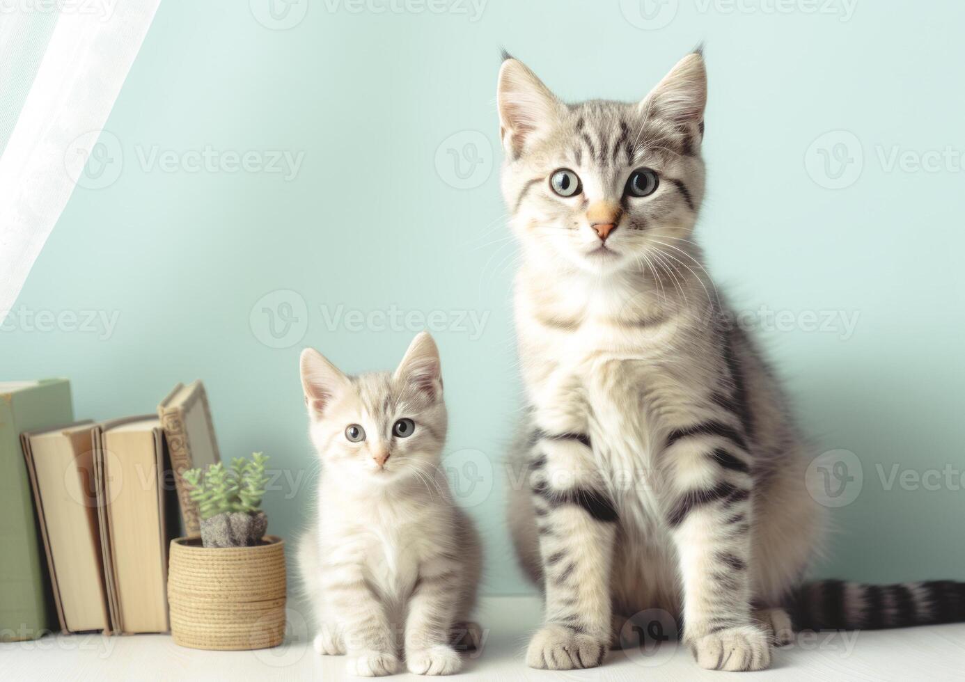 cat sitting with kitten, cute little kittens on floor, selective focus. photo