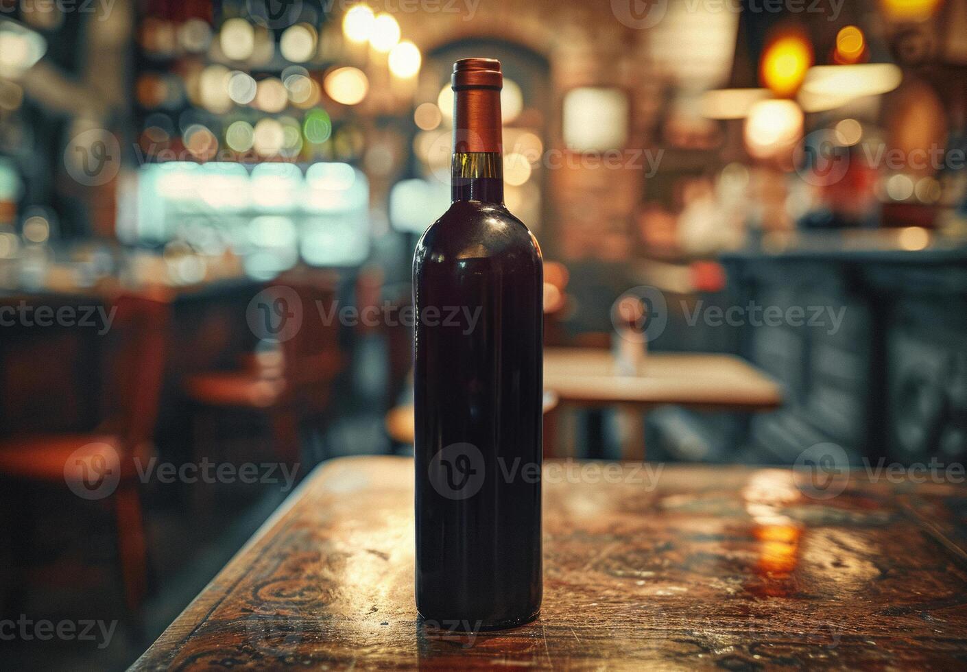 AI generated Bottle of wine on wooden table background. wine shop photo