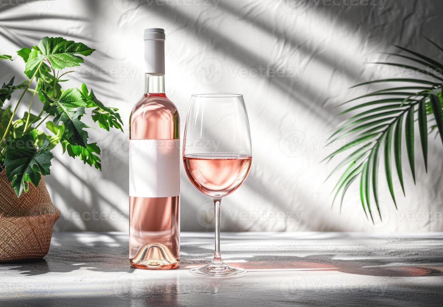 AI generated Rose wine, bottle of rose wine with blank label and flowers  in natural daylight, Mockup photo