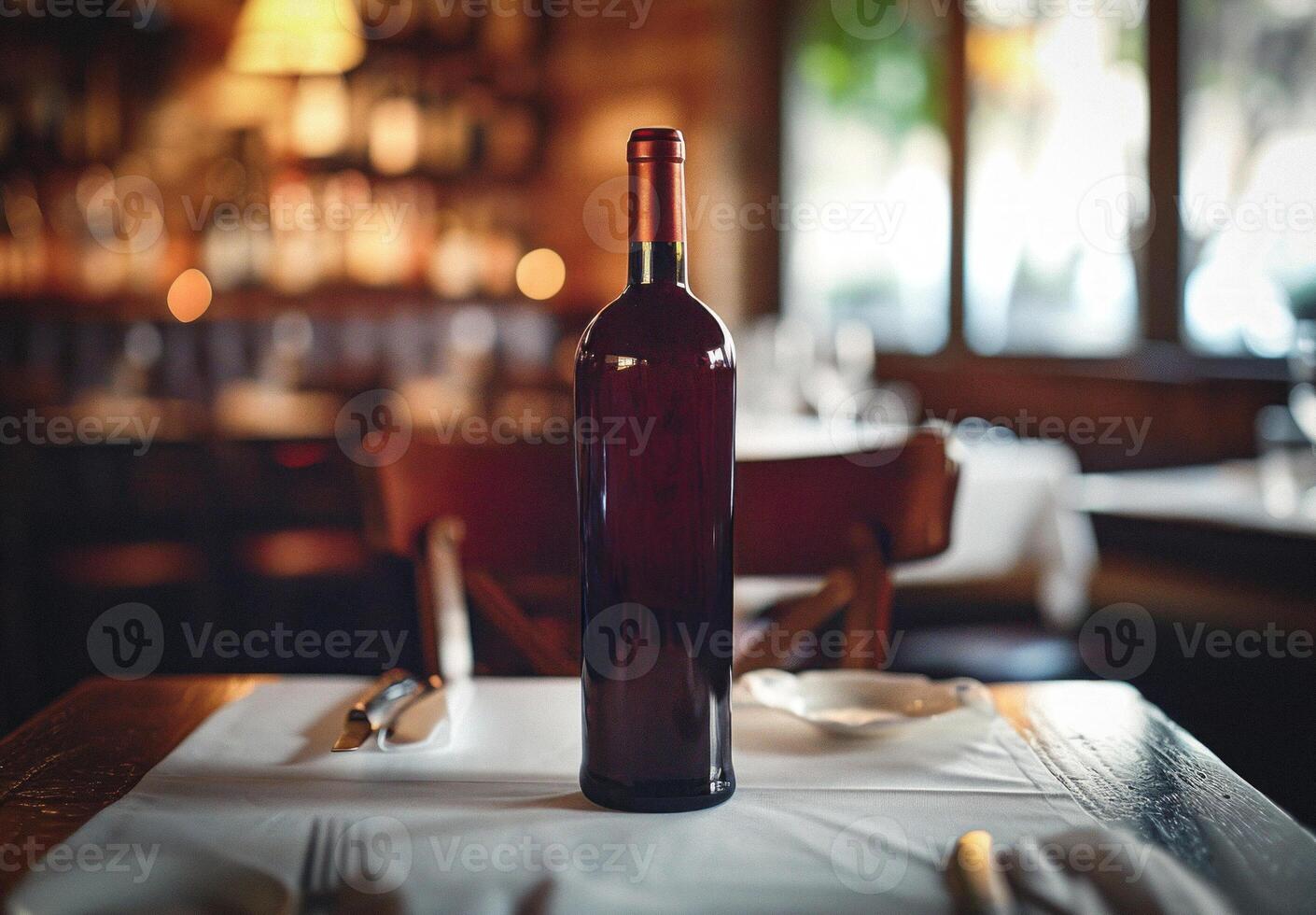 AI generated Bottle of wine on wooden table background. wine shop photo