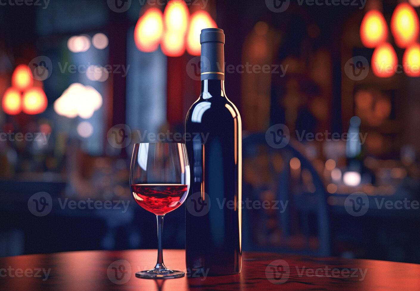 AI generated Glass of red wine with bottle against rustic dark on wooden table. Mock up for design photo