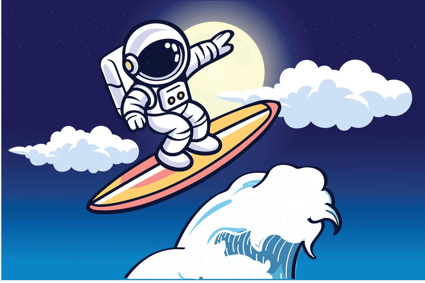 linda robot surf en el playa con montando grande olas dibujos animados vector icono ilustración. antecedentes en playa icono concepto aislado prima vector. plano dibujos animados estilo