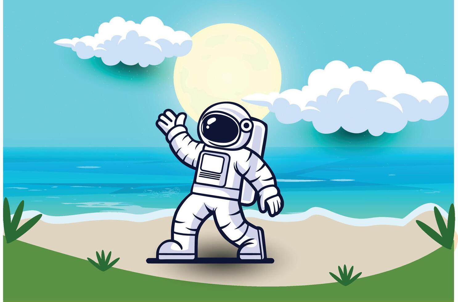 Cute Astronaut Cartoon walking on the beach with a beach background, Vector Icon Illustration. Science Food Icon Concept Isolated Premium Vector. Flat Cartoon Style