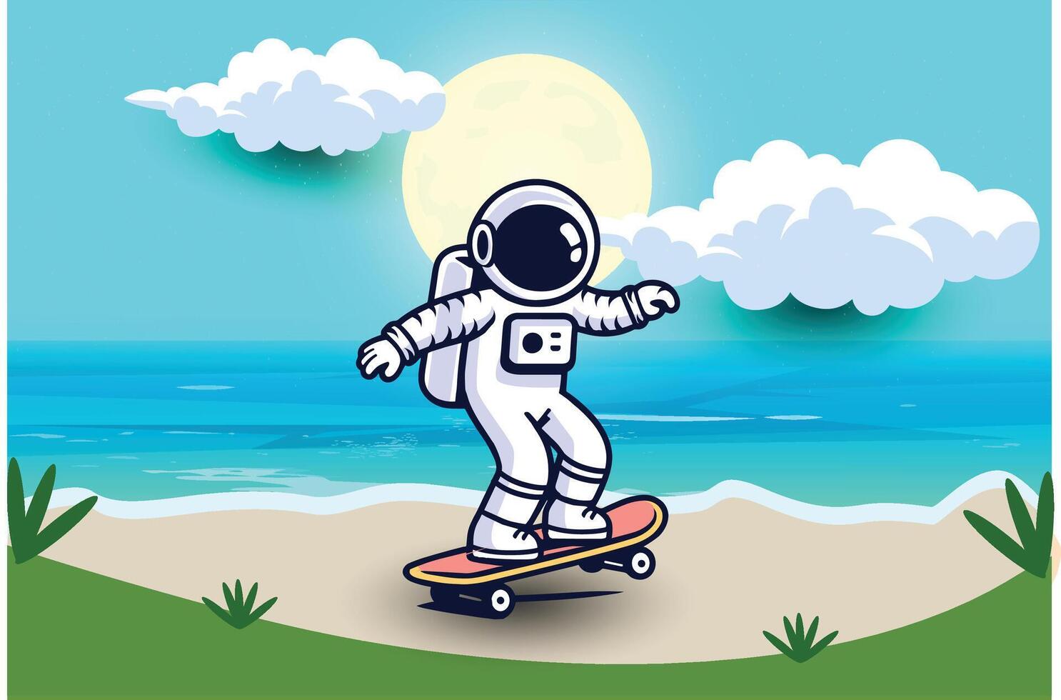 Cute Astronaut Riding skateboarding on beach Cartoon Vector Icon Illustration. Science Food Icon Concept Isolated Premium Vector. Flat Cartoon Style