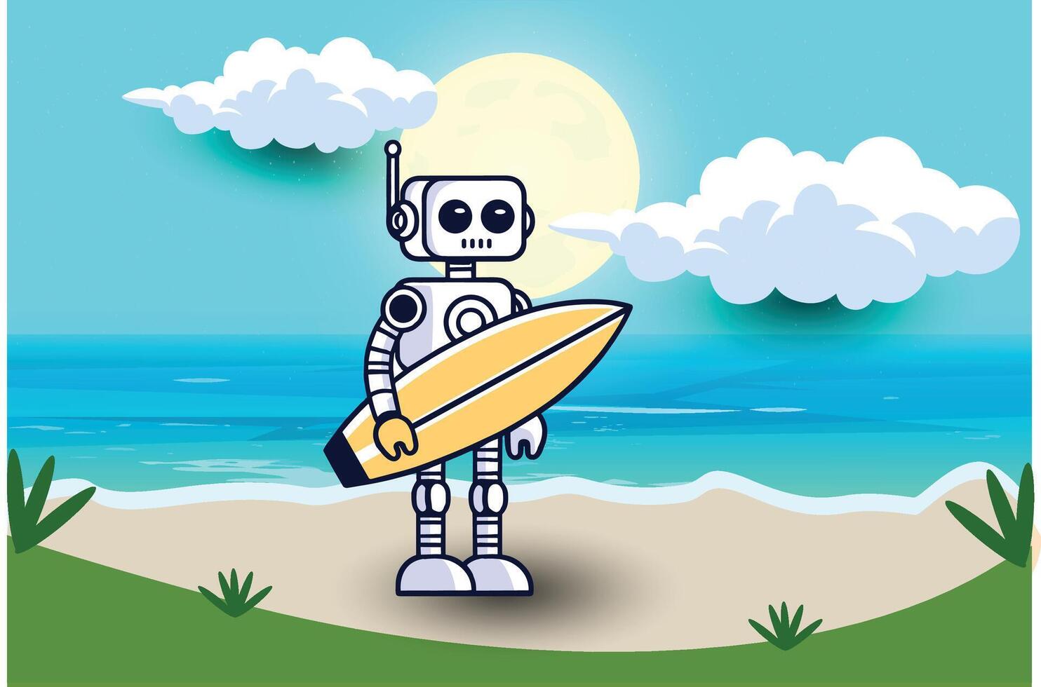 linda robot traer un tabla de surf para surf. antecedentes en playa dibujos animados vector icono ilustración. concepto aislado prima vector plano dibujos animados estilo
