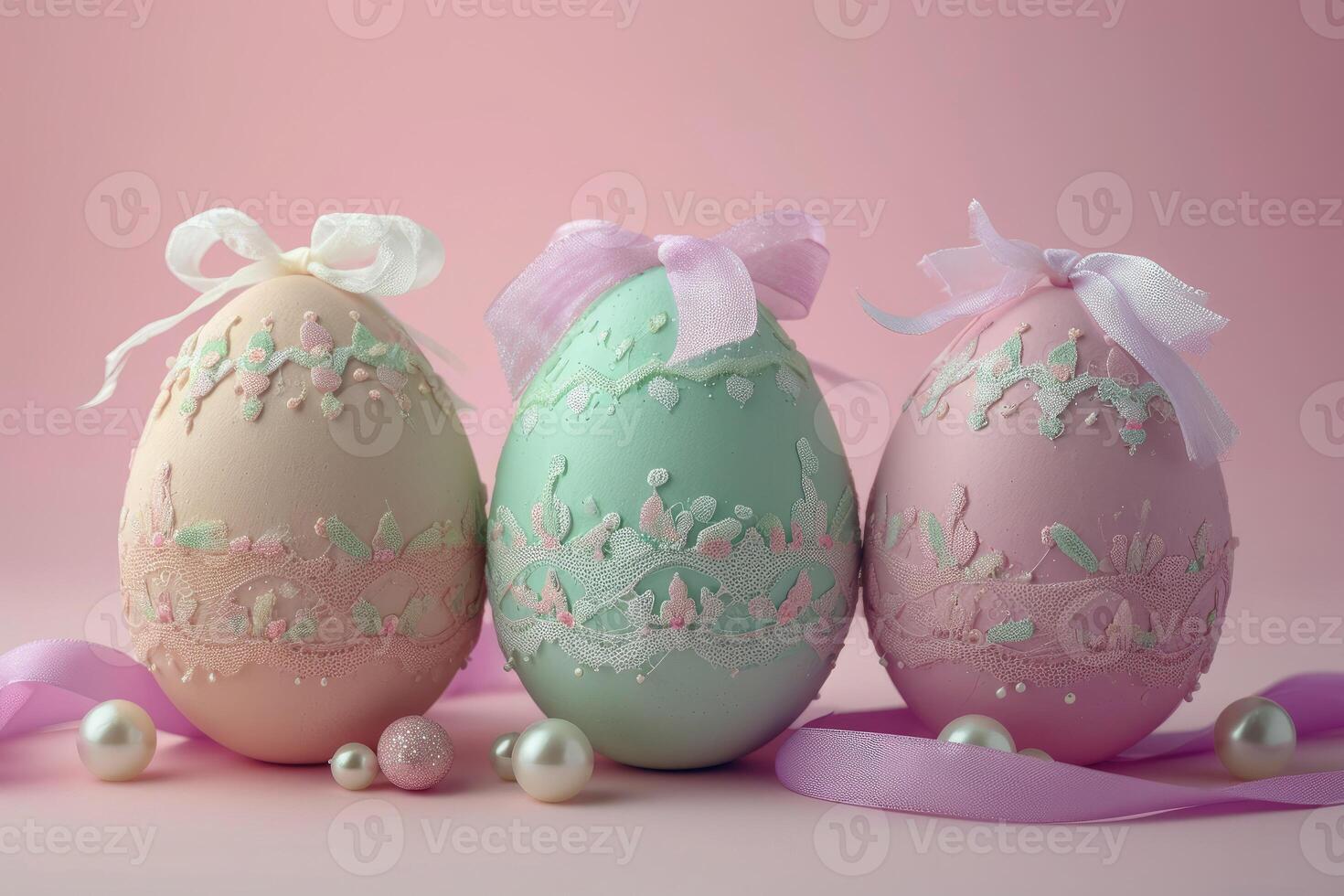 AI generated Easter eggs adorned with lace and pearls on pale pink background photo