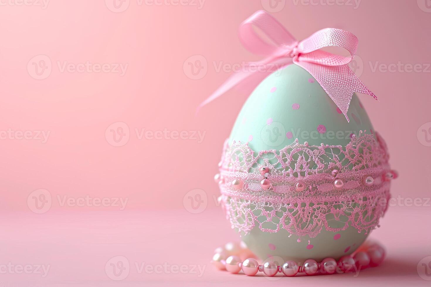 AI generated Easter eggs adorned with lace and pearls on pale pink background photo