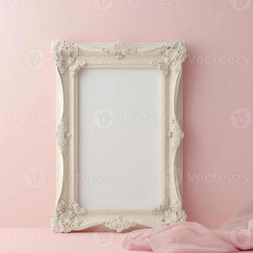 AI generated Blank white picture frame mock up hanging on pink wall photo