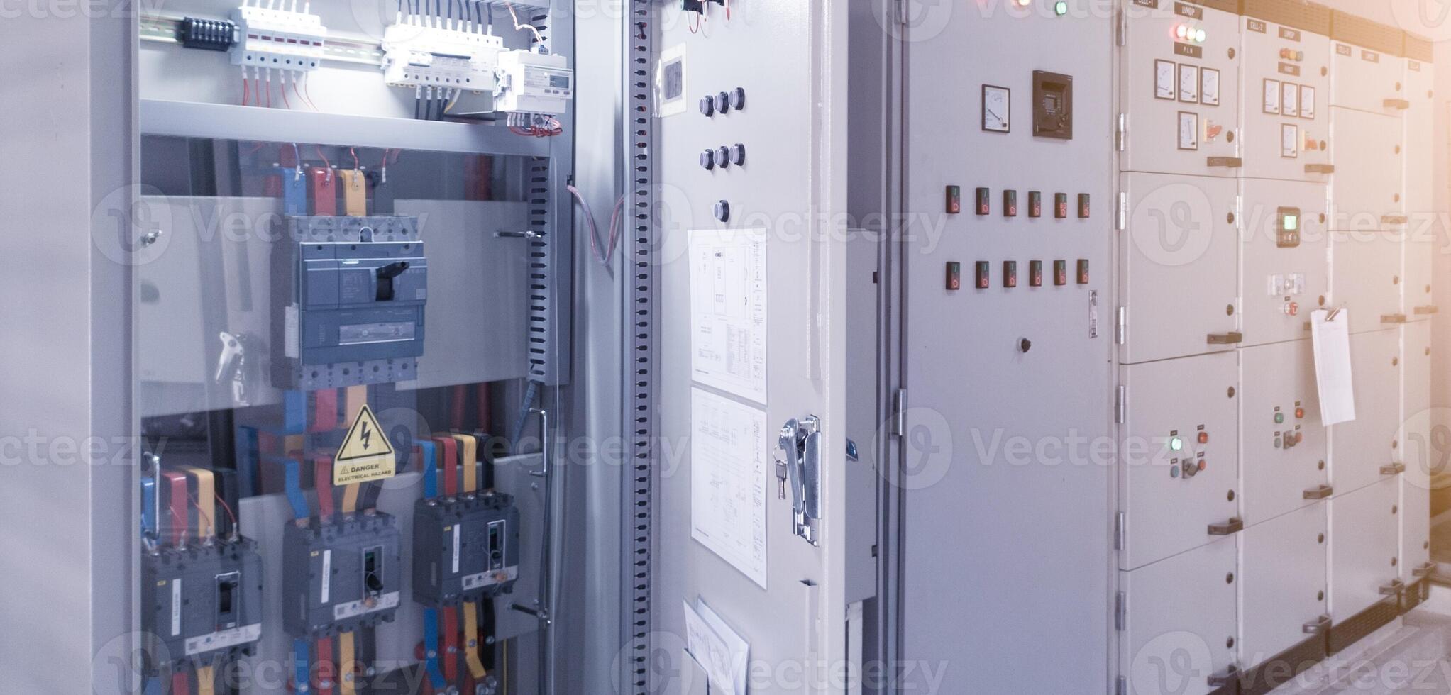 Main breaker on the distribution panel control,Electrical switch gear at Low Voltage power control center cabinet in coal power plant. photo