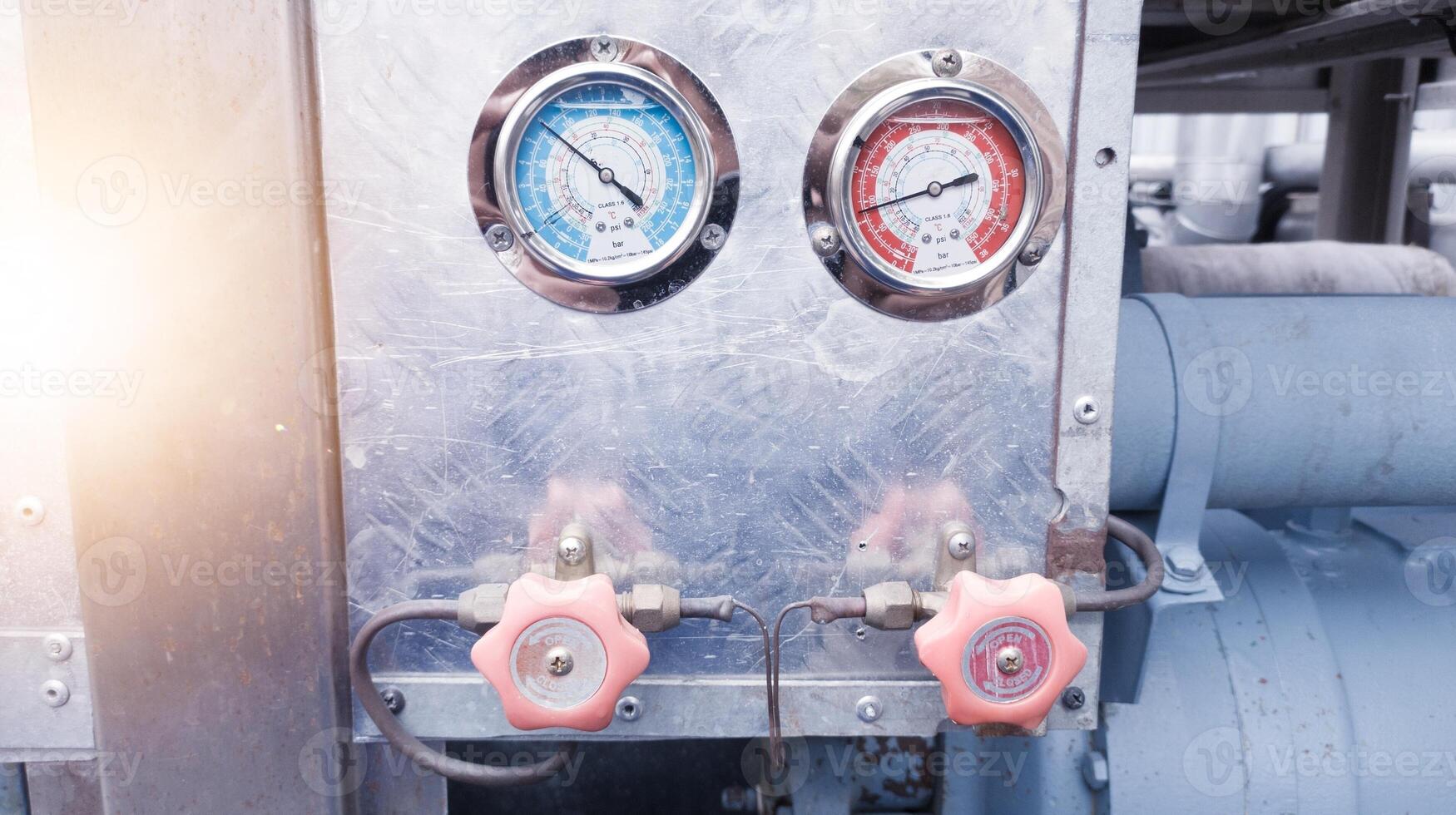High Low Pressure gauges mounted on the plate .Measuring instruments for refrigerant pressure control. industrial  measuring. photo