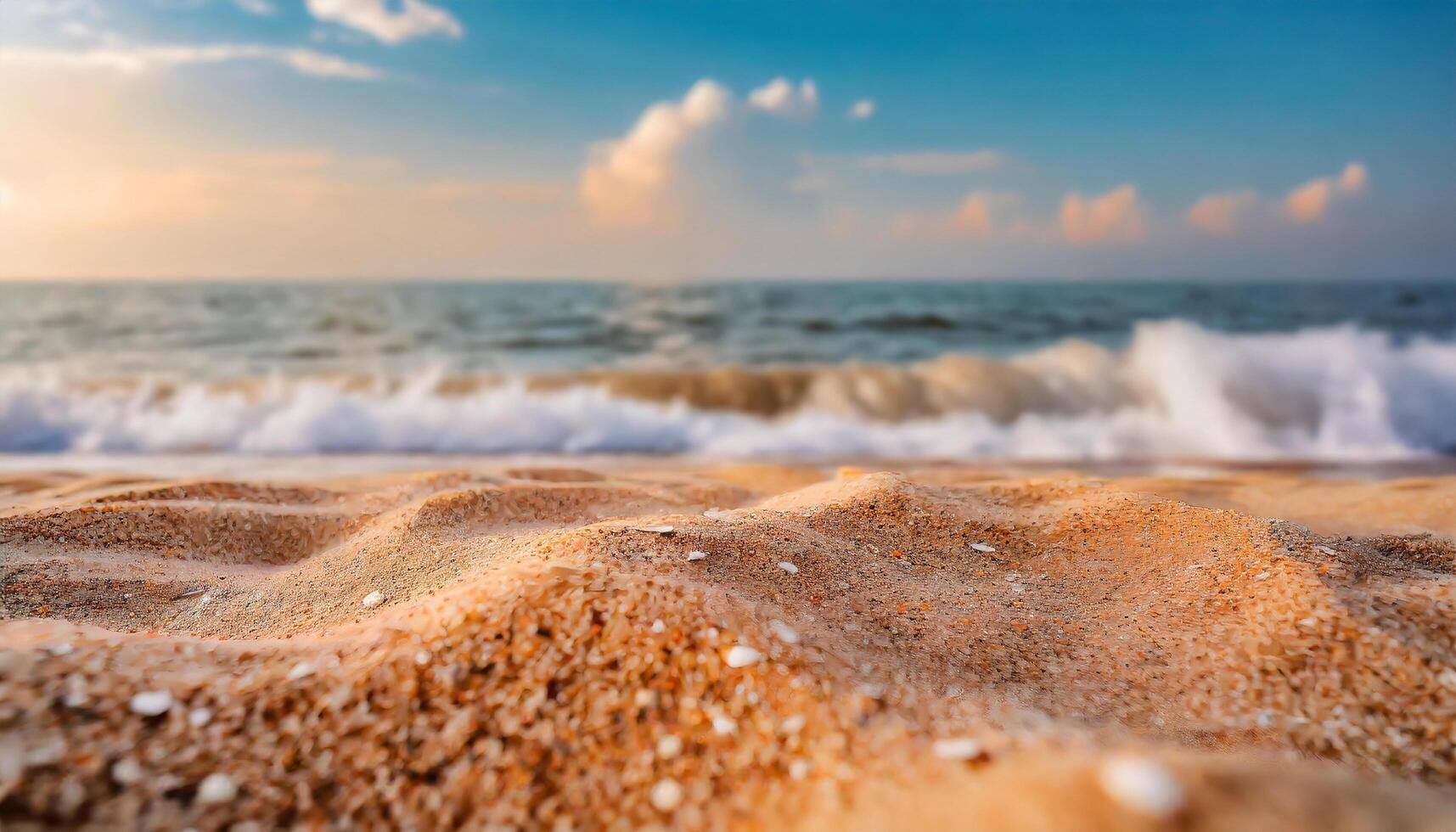 ai generado cerca arriba arena con borroso mar cielo fondo, verano día, Copiar espacio o para producto. verano foto