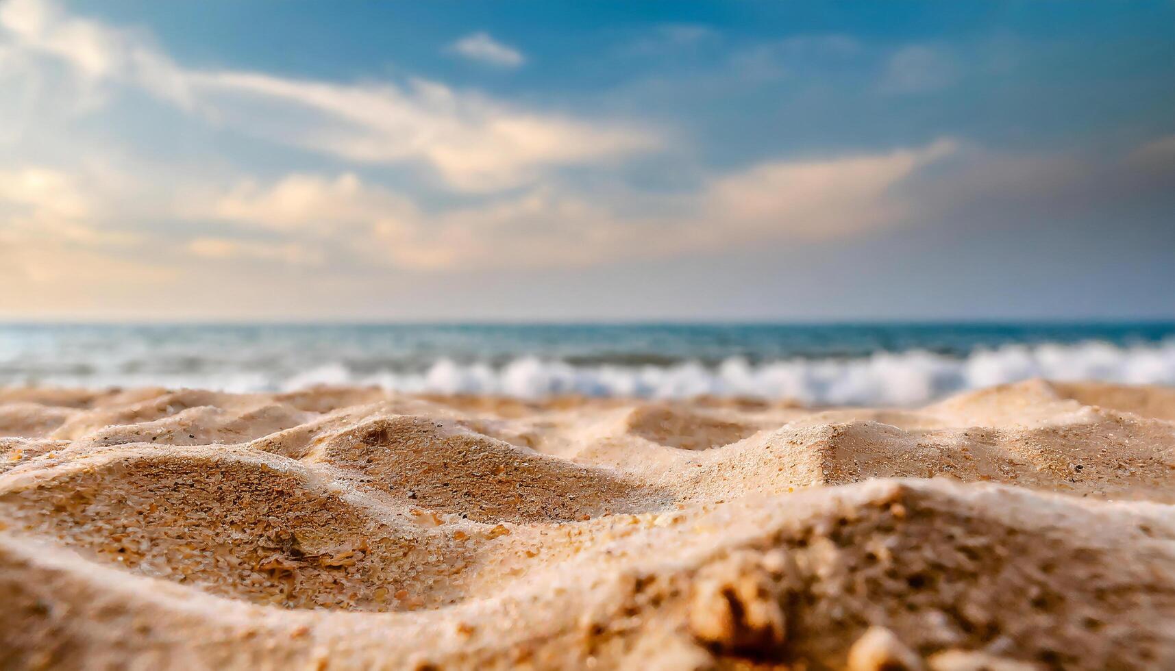 ai generado cerca arriba arena con borroso mar cielo fondo, verano día, Copiar espacio o para producto. verano foto