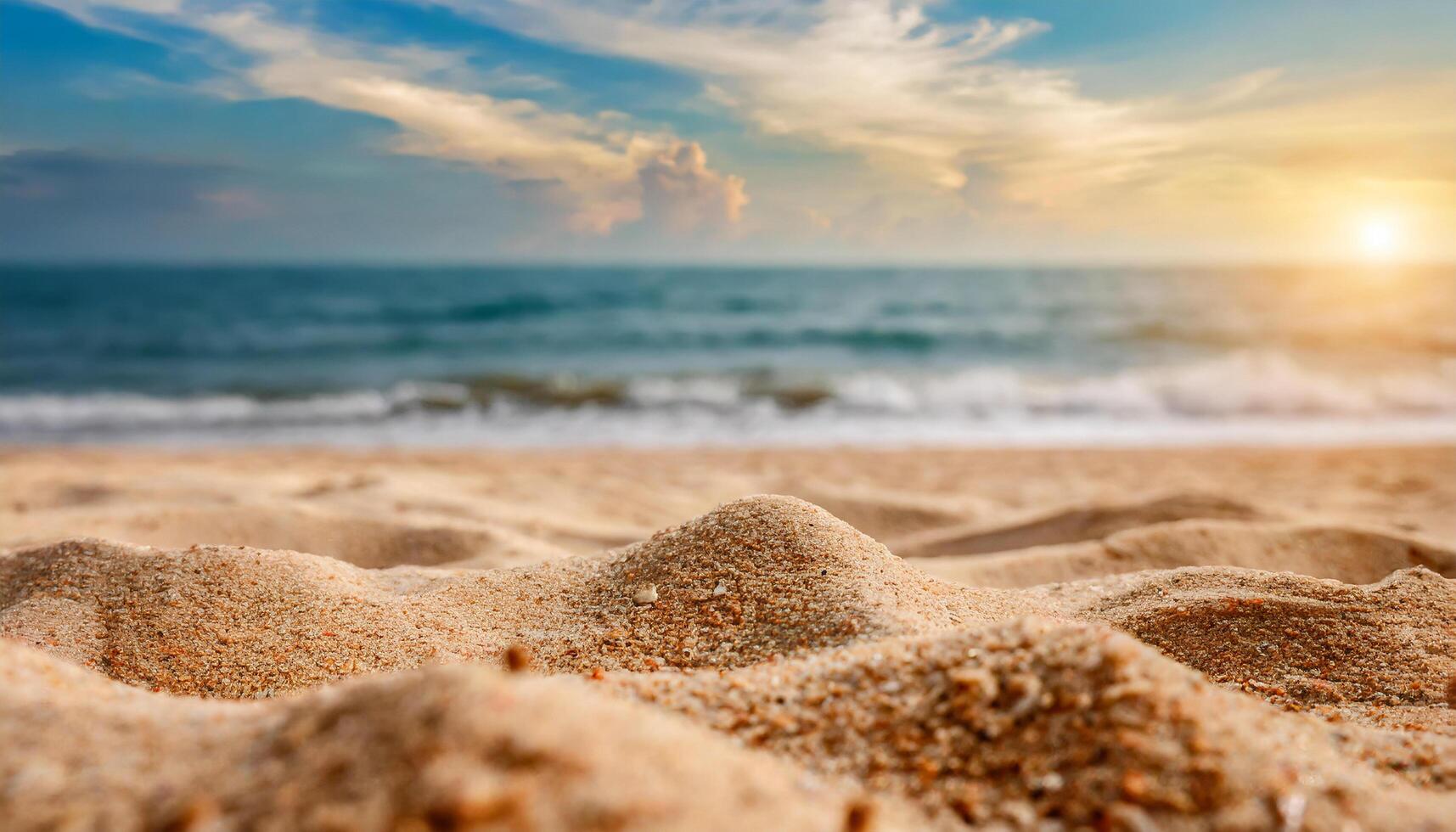 AI generated Close up sand with blurred sea sky background, summer day, copy space or for product. Summer photo
