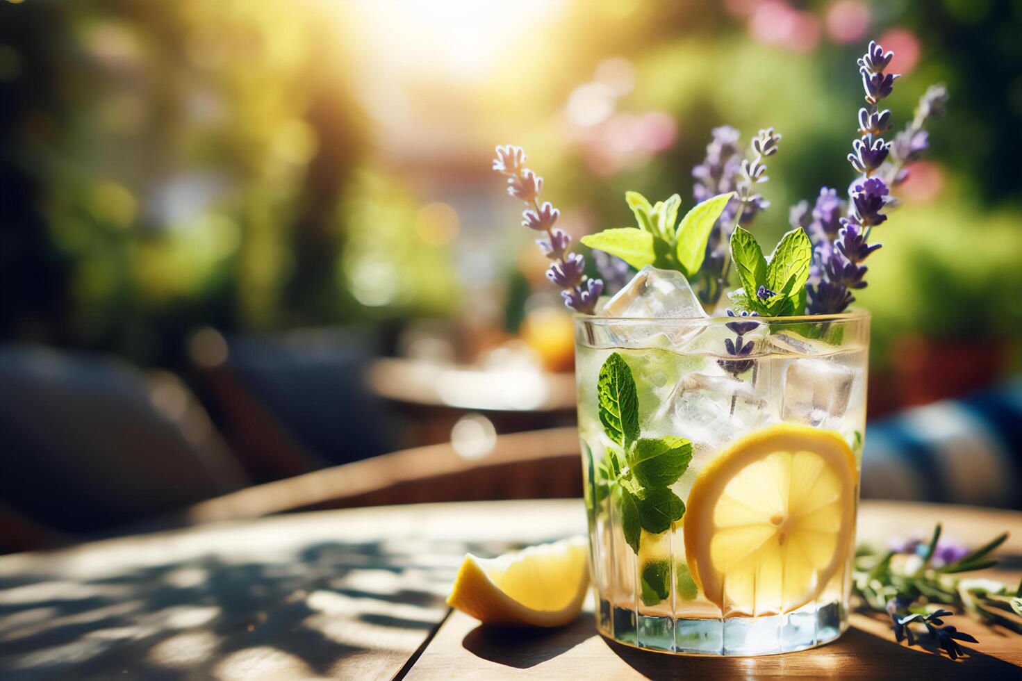 AI generated Stunning Lavender cocktail Purple drink in a glass on white background with ice and lavender flowers. Iced cold summer drink, lemonade. photo