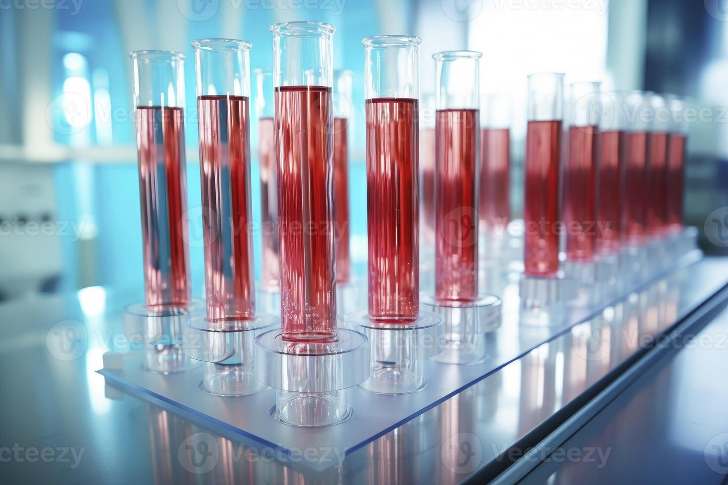 ai generado vaso tubos con un muestra de vacunas en el mesa en laboratorio foto