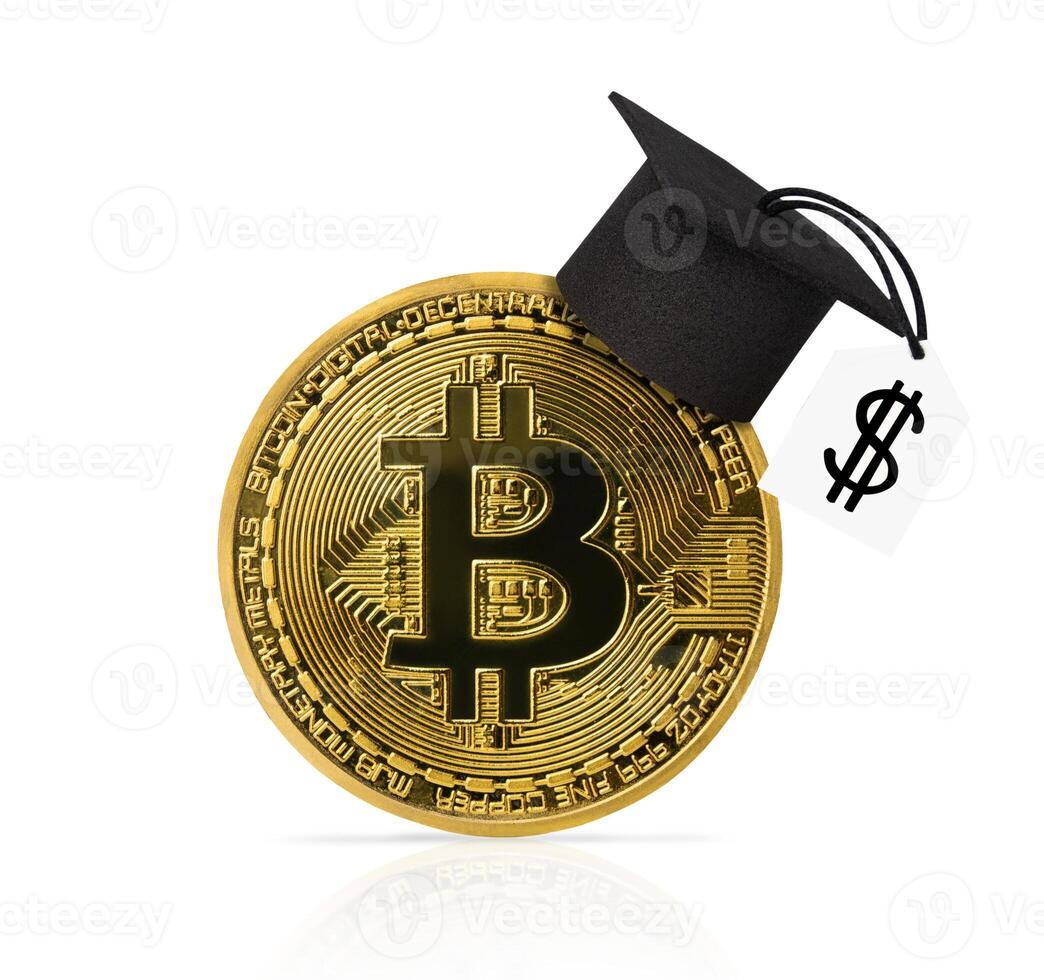 Golden Bitcoin coin with graduation cap isolated on white background. Learning cryptocurrency. Financial literacy. photo