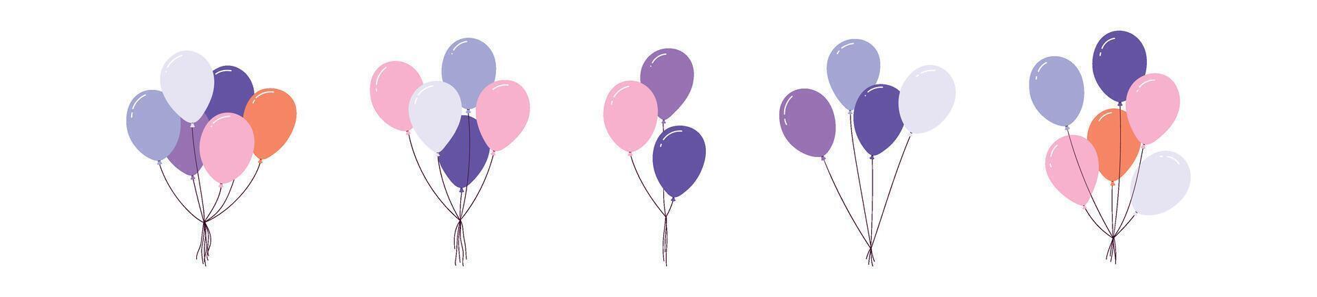 Bunch of balloons in cartoon style for birthday and party. Colorful balloons with flat ropes, festive bundle. Flat vector illustration isolated on white background.