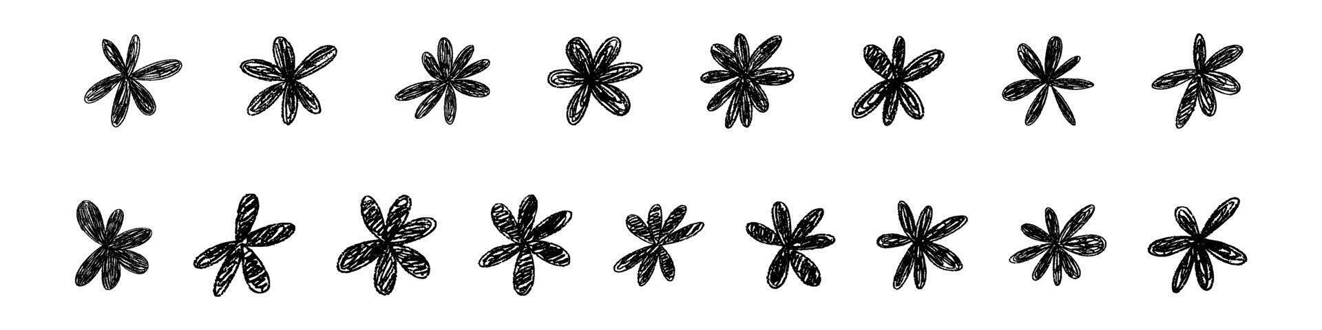 Hand drawn flower doodle, simple line pattern with abstract spring floral shapes. Brush sketch style. Flat vector illustration isolated on white background.