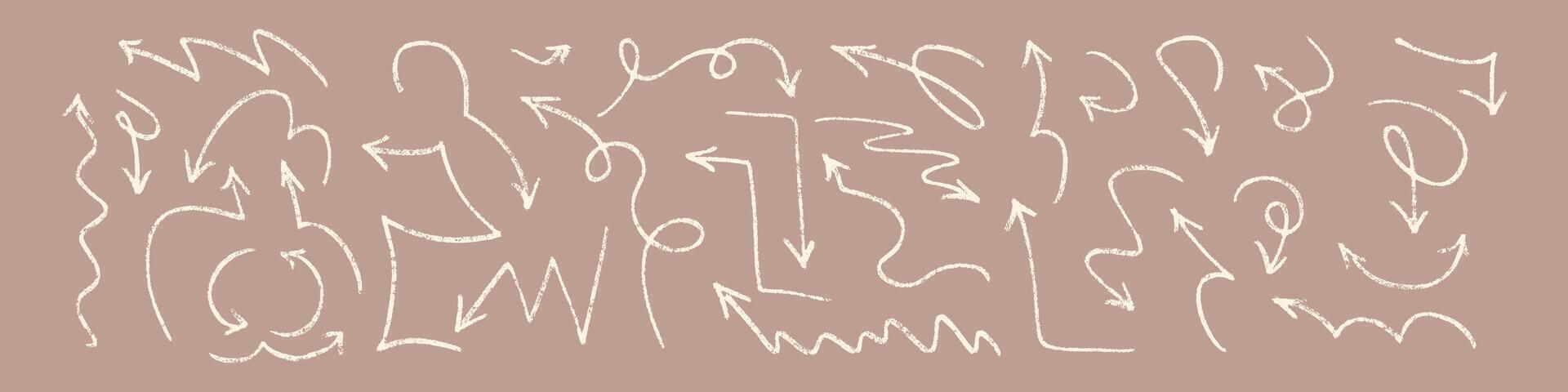 Scribbled arrow doodles, hand drawn with brush, pencil, and marker. Sketch like lines and circles pointing down. Flat vector illustration isolated on white background.