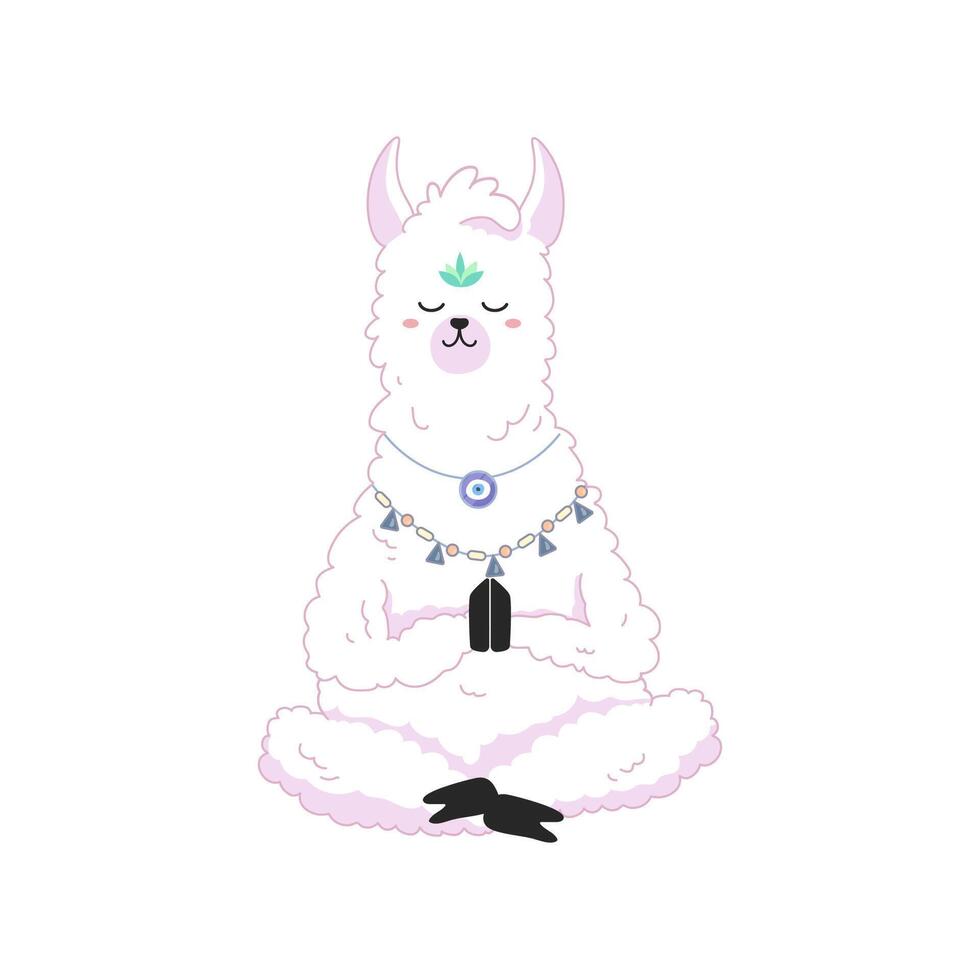 Lama yoga meditating in lotus pose on white background, cartoon style, print for your design, tshirt, notebook vector