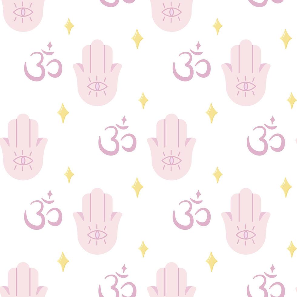 Seamless pattern of yoga, hamsa and Om symbol. For your fabric or design vector