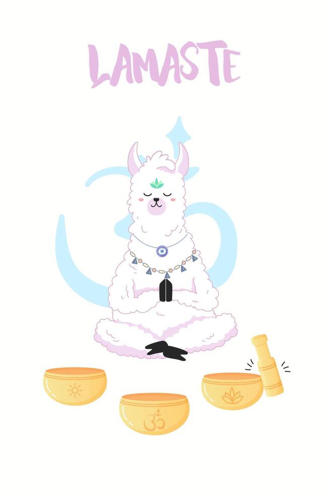 Lamaste, cute llama meditating, print for your t-shirt print design, yoga studio, notepad vector