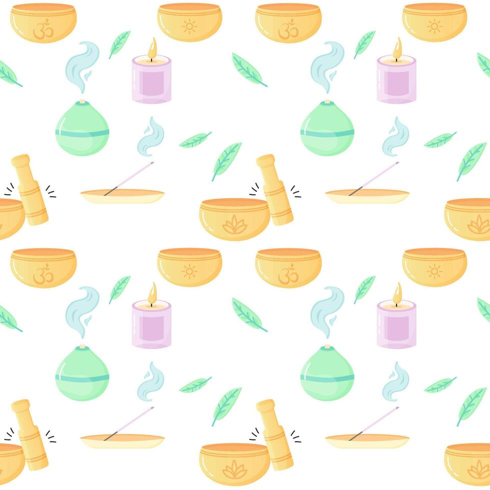 Seamless pattern of yoga, aromatherapy, meditation, incense and singing bowls. For your fabric or design Seamless pattern of yoga, aromatherapy, meditation, incense and singing bowls. vector