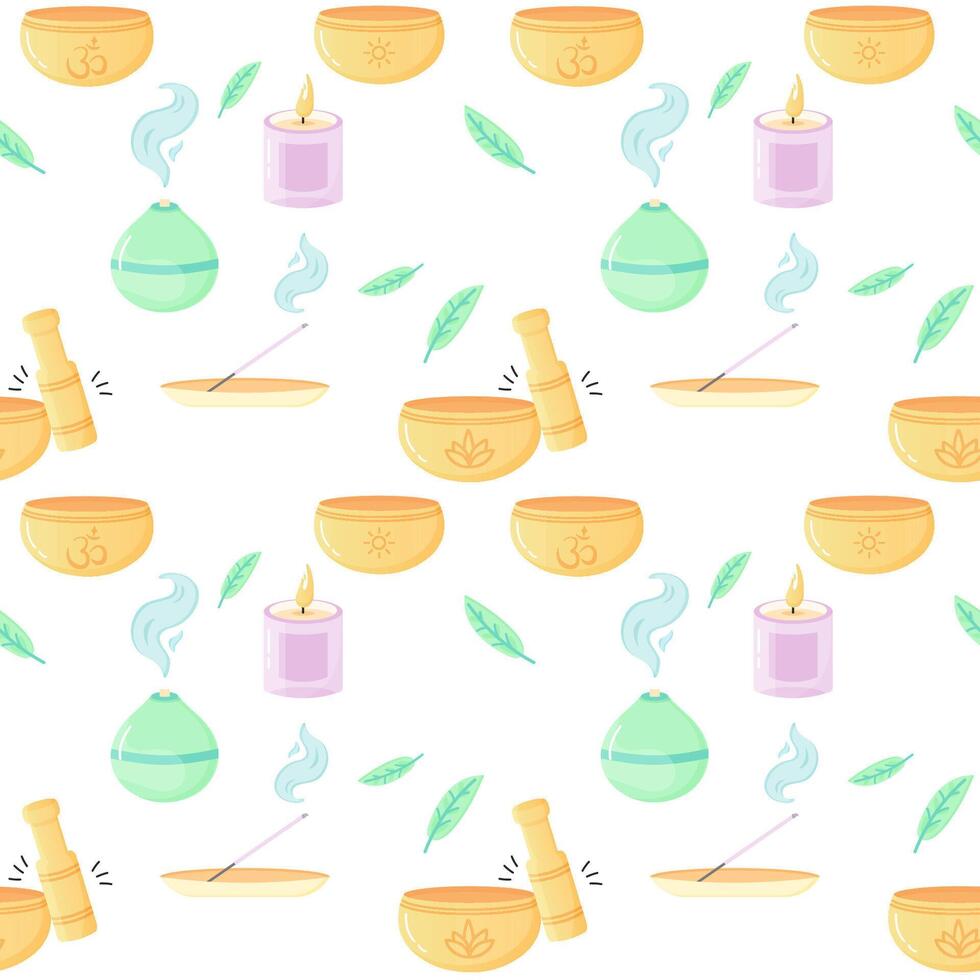 Seamless pattern of yoga, aromatherapy, meditation, incense and singing bowls. For your fabric or design Seamless pattern of yoga, aromatherapy, meditation, incense and singing bowls. vector