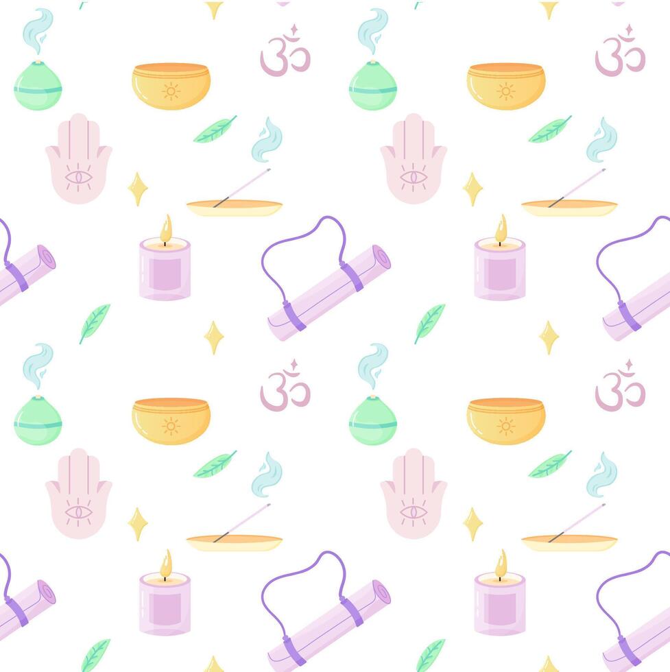 Seamless pattern of yoga, aromatherapy, meditation, incense and singing bowls. For your fabric or design Seamless pattern of yoga, aromatherapy, meditation, incense and singing bowls. For your fabric vector
