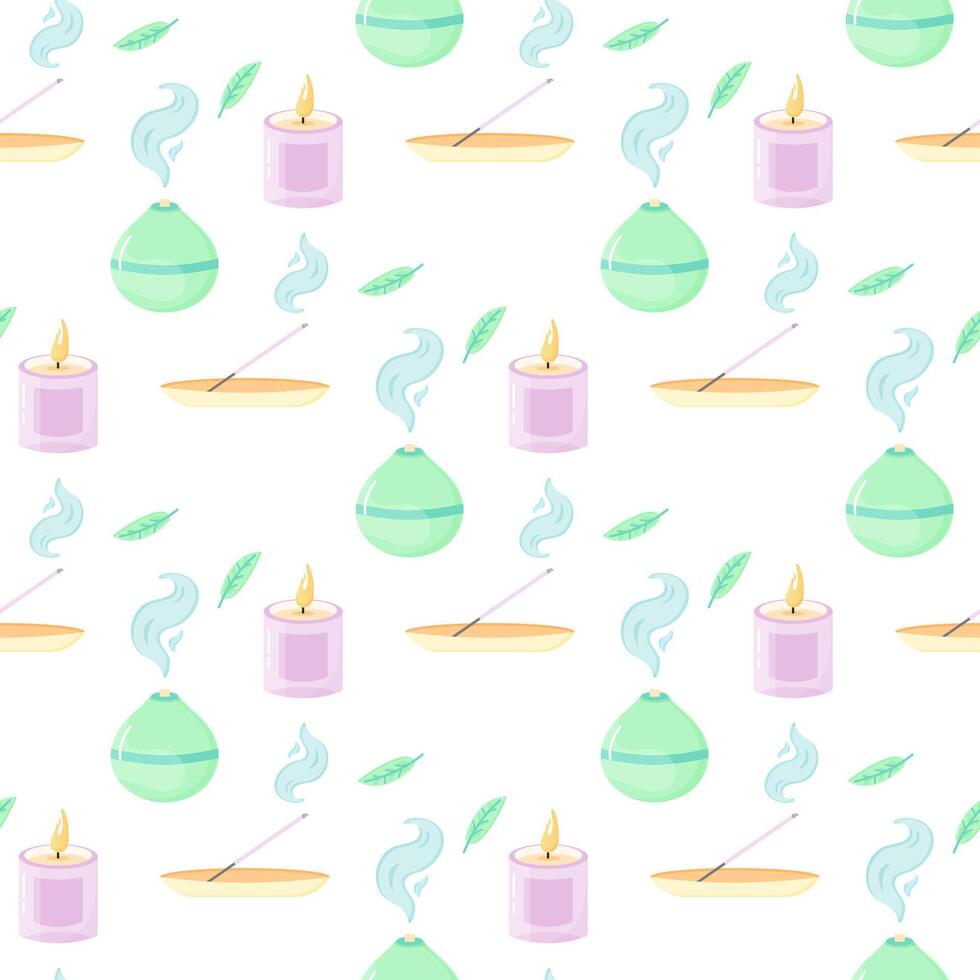 Seamless pattern of yoga, aromatherapy, meditation, incense and singing bowls. For your fabric or design Seamless pattern of yoga, aromatherapy, meditation, incense and singing bowls. vector
