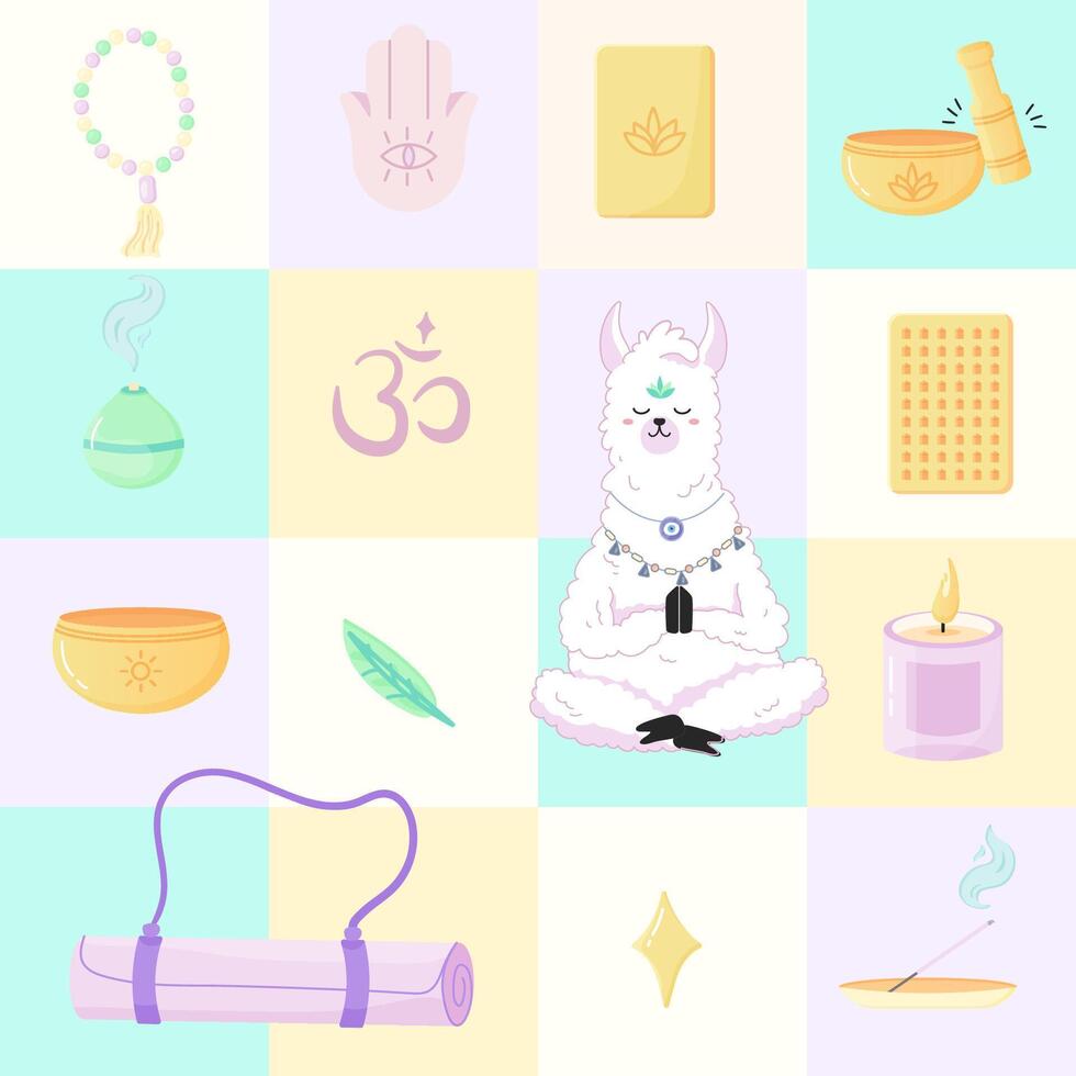 Seamless pattern of yoga lamas, meditations and singing bowls. For your fabric or design vector