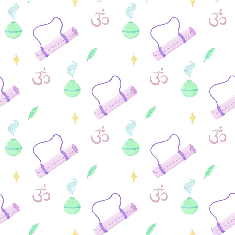 Seamless pattern of yoga, aromatherapy, meditation, incense and singing bowls. For your fabric or design Seamless pattern of yoga, aromatherapy, meditation, incense and singing bowls. vector