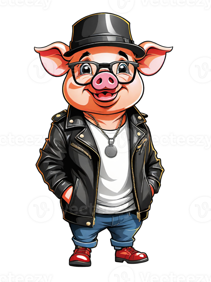 AI generated Cute cartoon pig in a leather jacket and hat on transparent background png