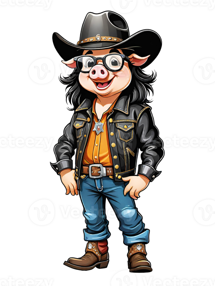 AI generated Cute cartoon pig in a leather jacket and hat on transparent background png