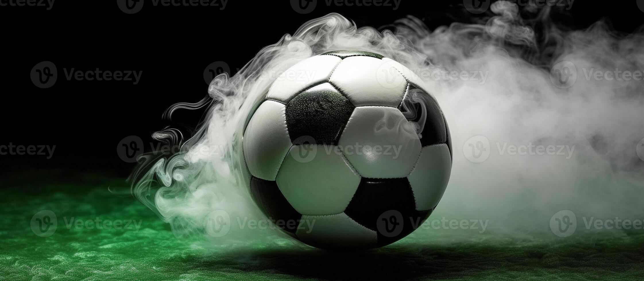 AI generated soccer ball with dust and smoke on green grass background , Generative AI photo