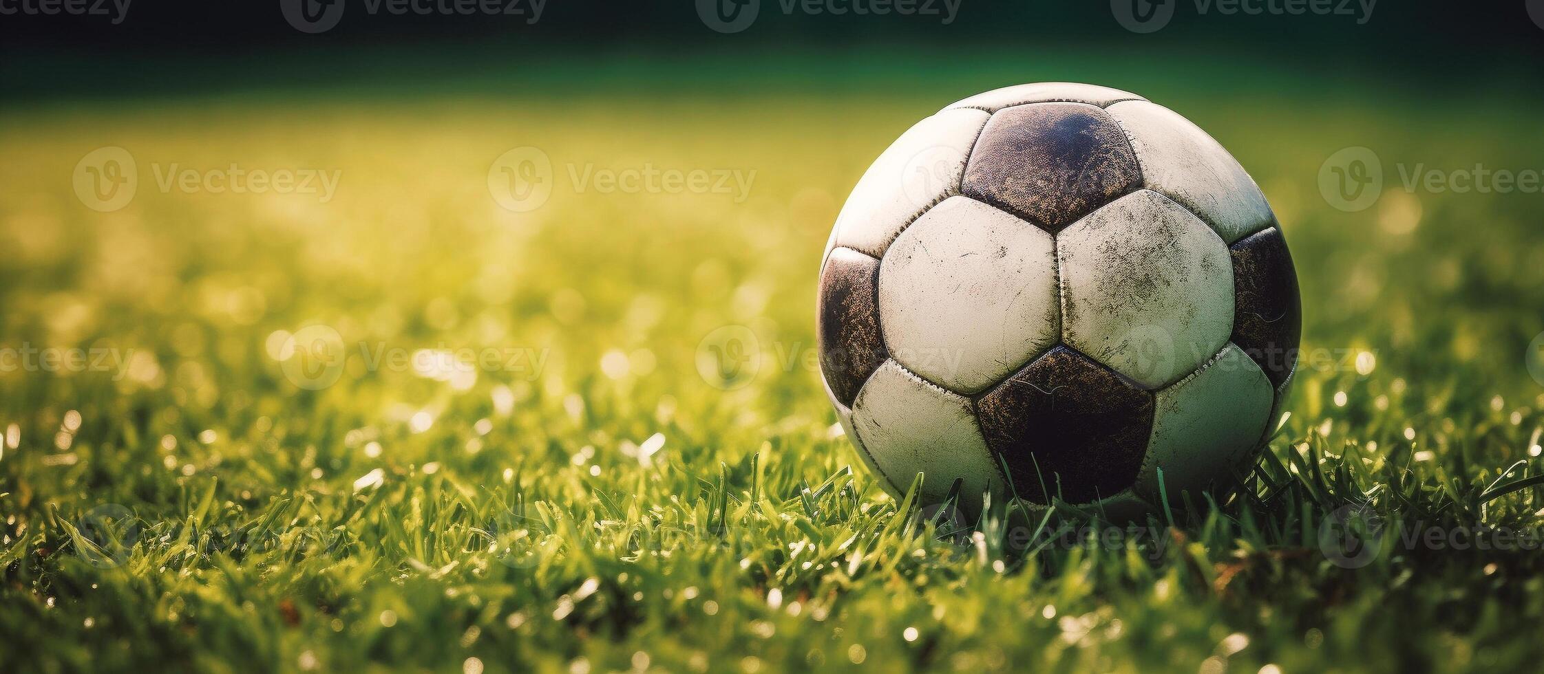 AI generated soccer ball on green grass background , Generative AI photo