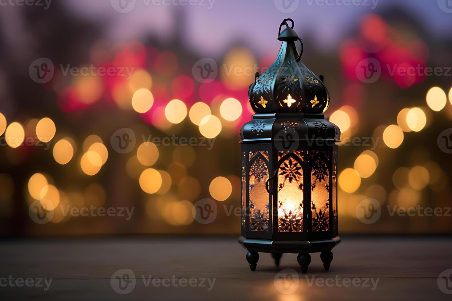 An Islamic lamp or Arabic lantern decorated with a lighted candle in a festive invitation card for the holy month of Ramadan photo