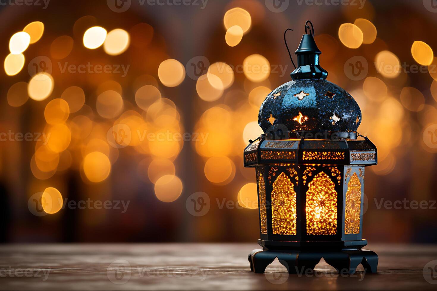 An Islamic lamp or Arabic lantern decorated with a lighted candle in a festive invitation card for the holy month of Ramadan photo