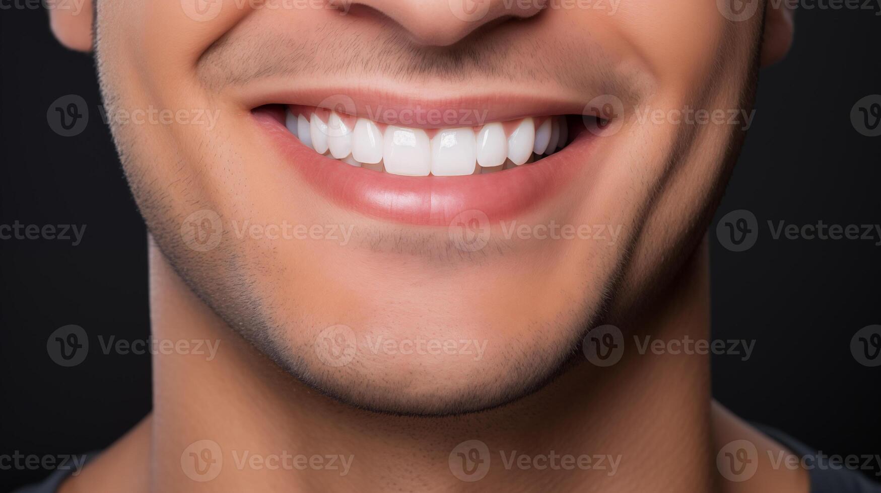 AI generated A man's smile after teeth straightening and whitening. The ideal, beautiful shape of the teeth in the upper jaw after installing veneers or braces. Close-up. Patient at a dental clinic photo
