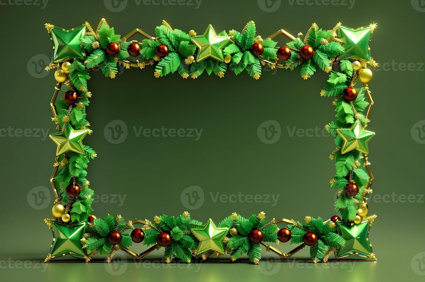 AI generated christmas decorations with a frame on a green background. photo