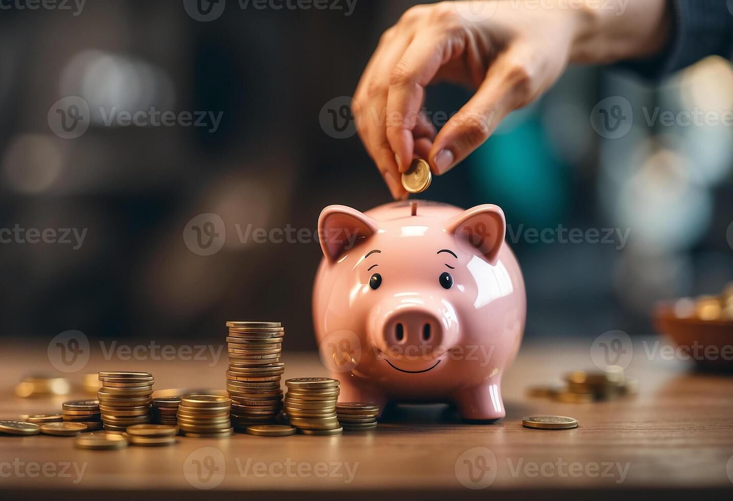 AI generated Man putting coin into piggy bank at home photo
