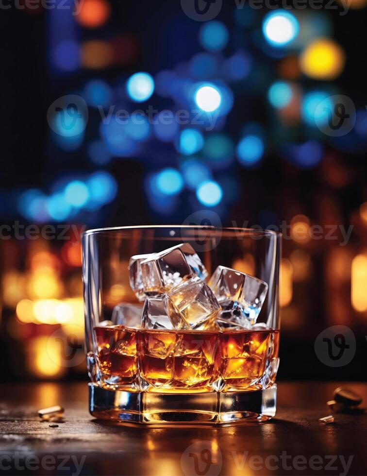 ai generado vaso de escocés whisky y hielo en el antecedentes de el bar foto