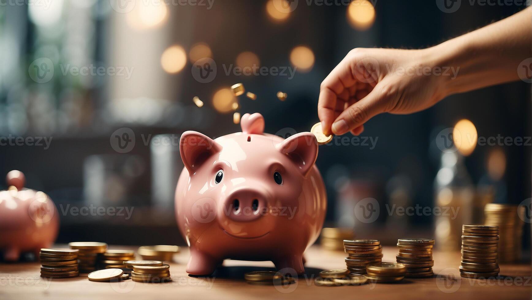 AI generated Man putting coin into piggy bank at home photo
