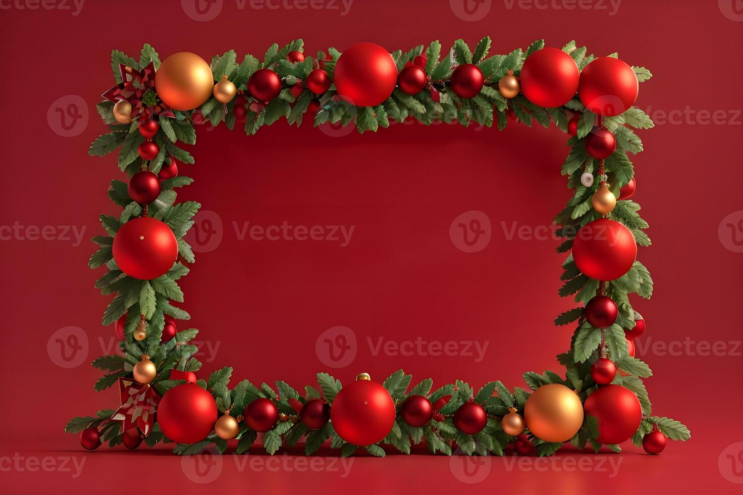 AI generated christmas decorations with a frame on a red background. photo