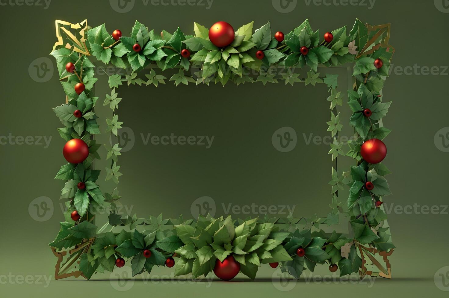 AI generated christmas decorations with a frame on a green background. photo