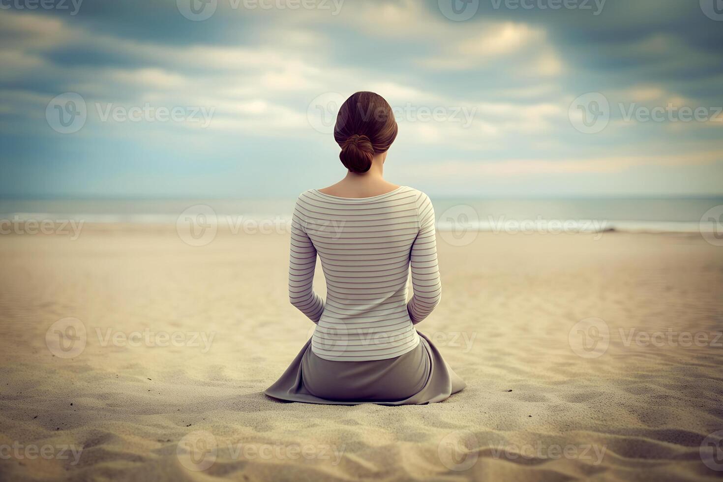 AI generated Young Woman Sitting on the Beach Sand, Gazing at the Horizon photo