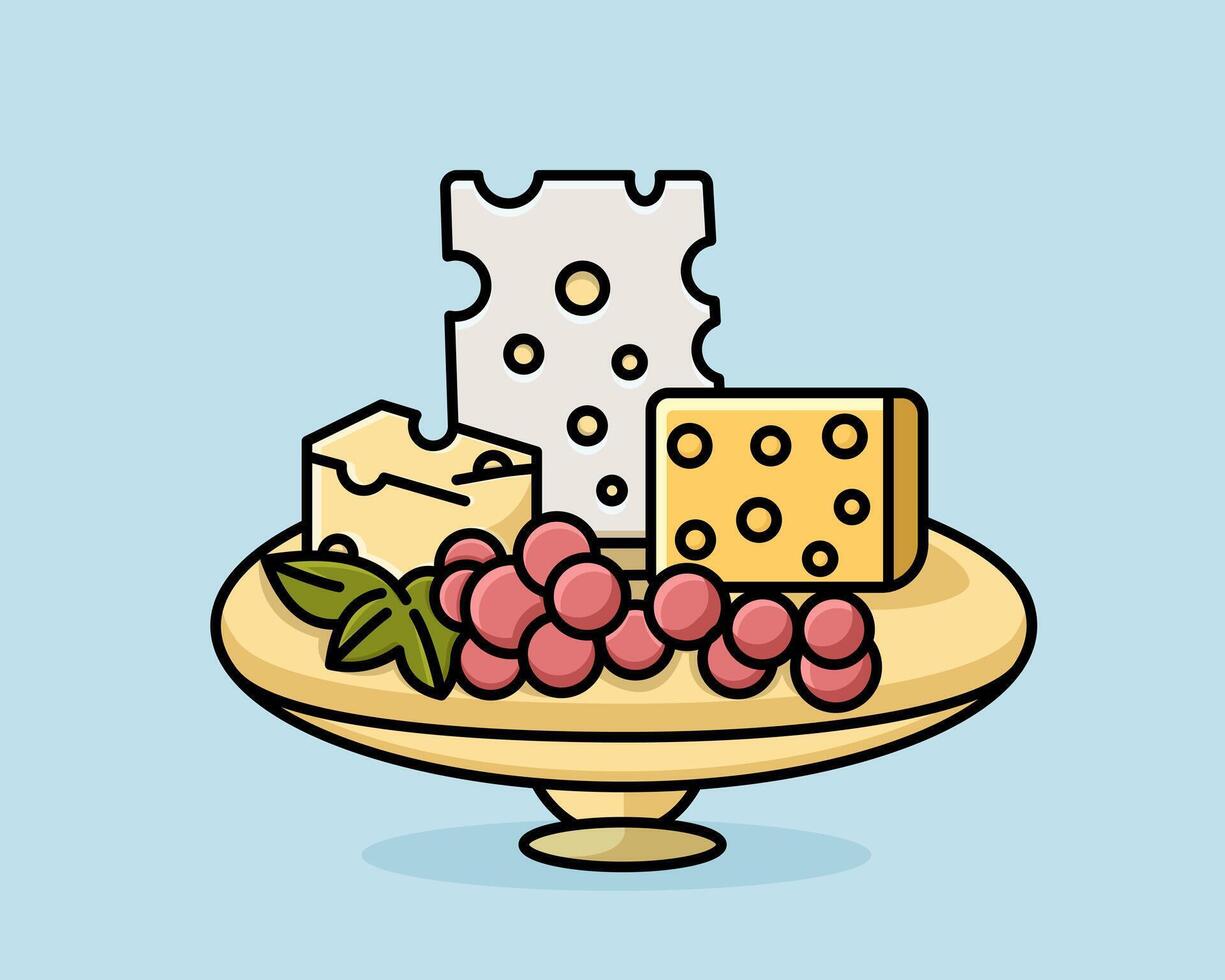 A Plate of Fruits and Cheese Line Art Design vector