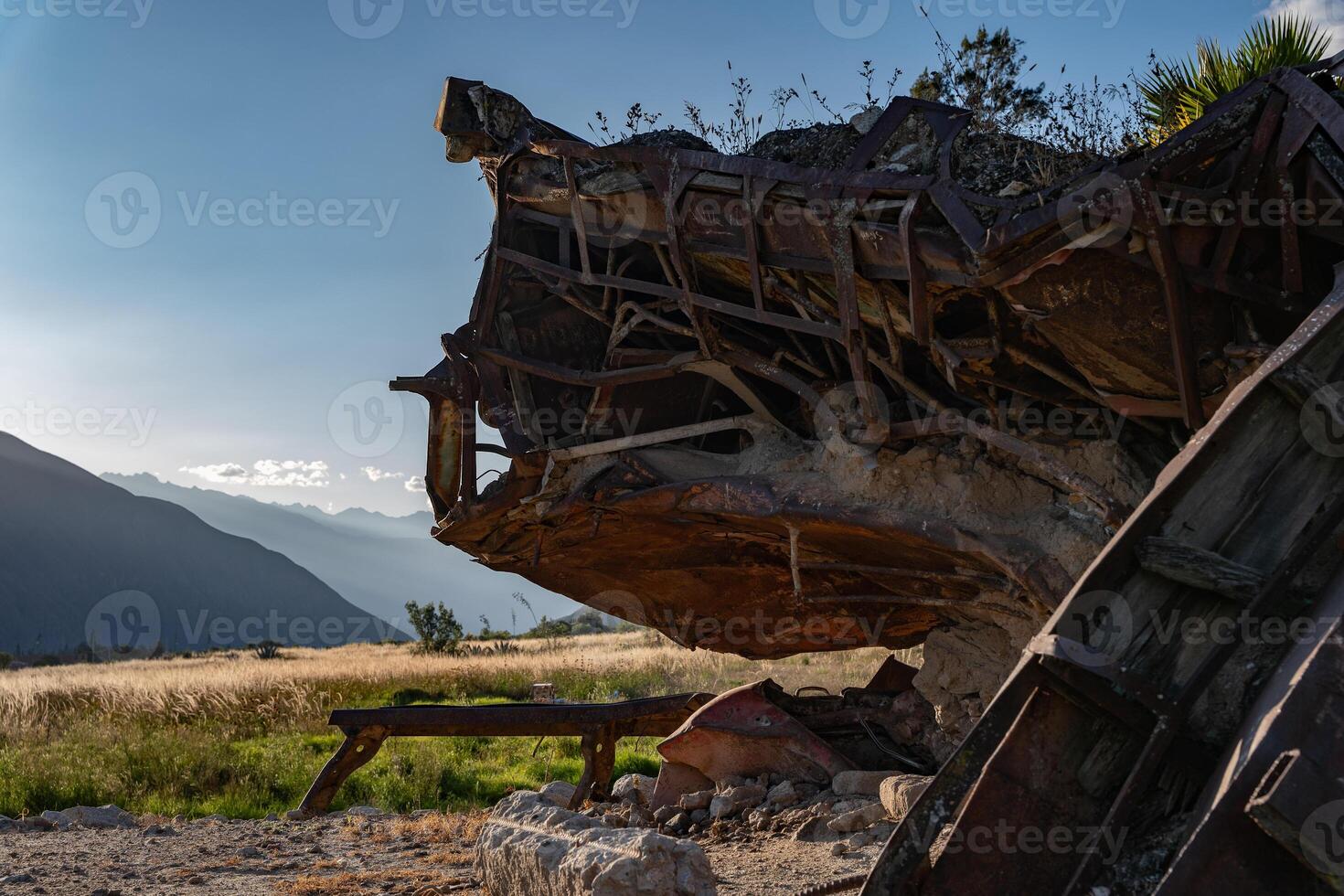 Bus destroyed by avalanche in the town of Yungay, left as a monument in memory of the deceased. photo