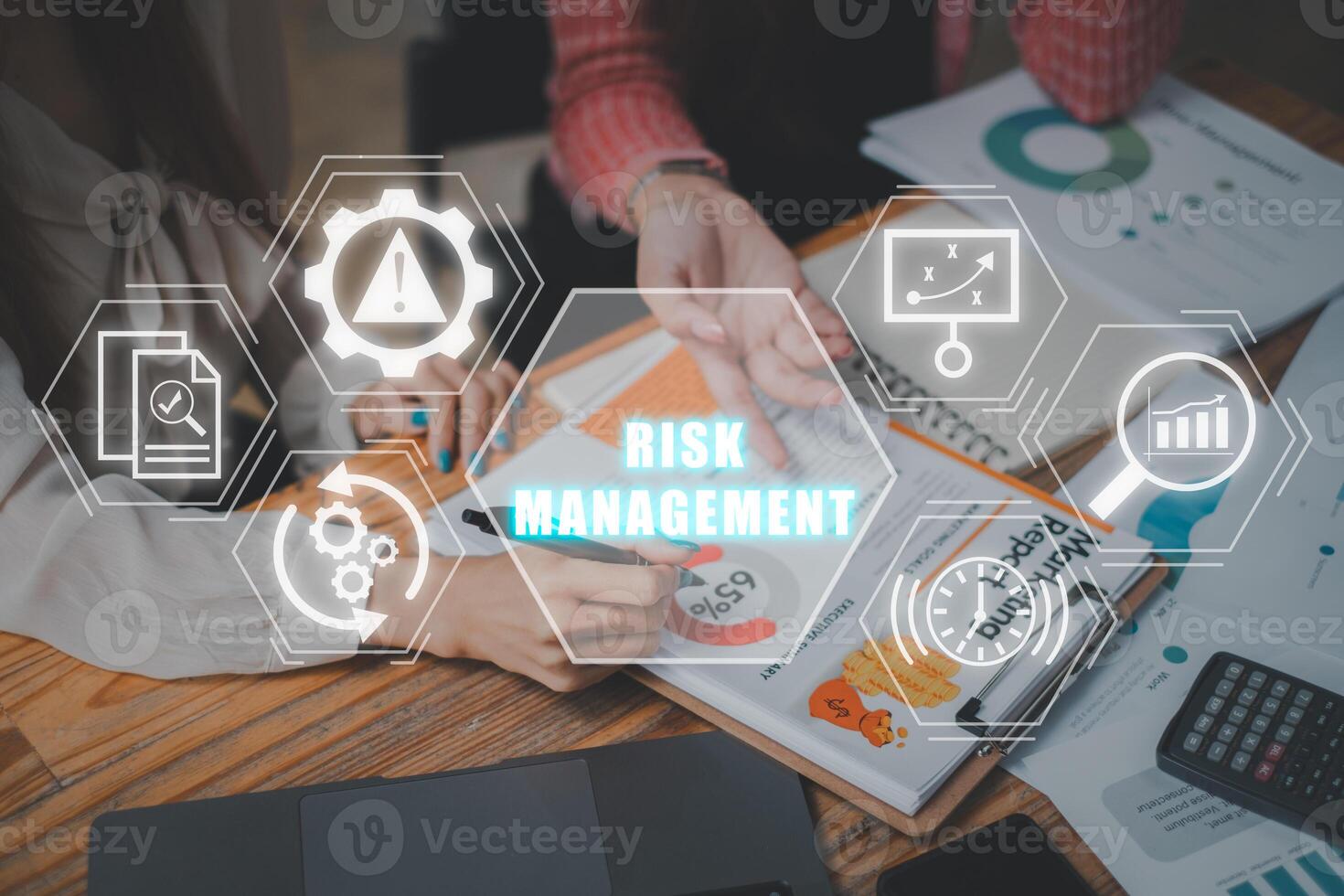 Risk management concept, Business team analyzing financial data on business paper with risk management icon on virtual screen. Standard, Monitoring, Strategy, Analysis, Control, Evaluation, Project. photo