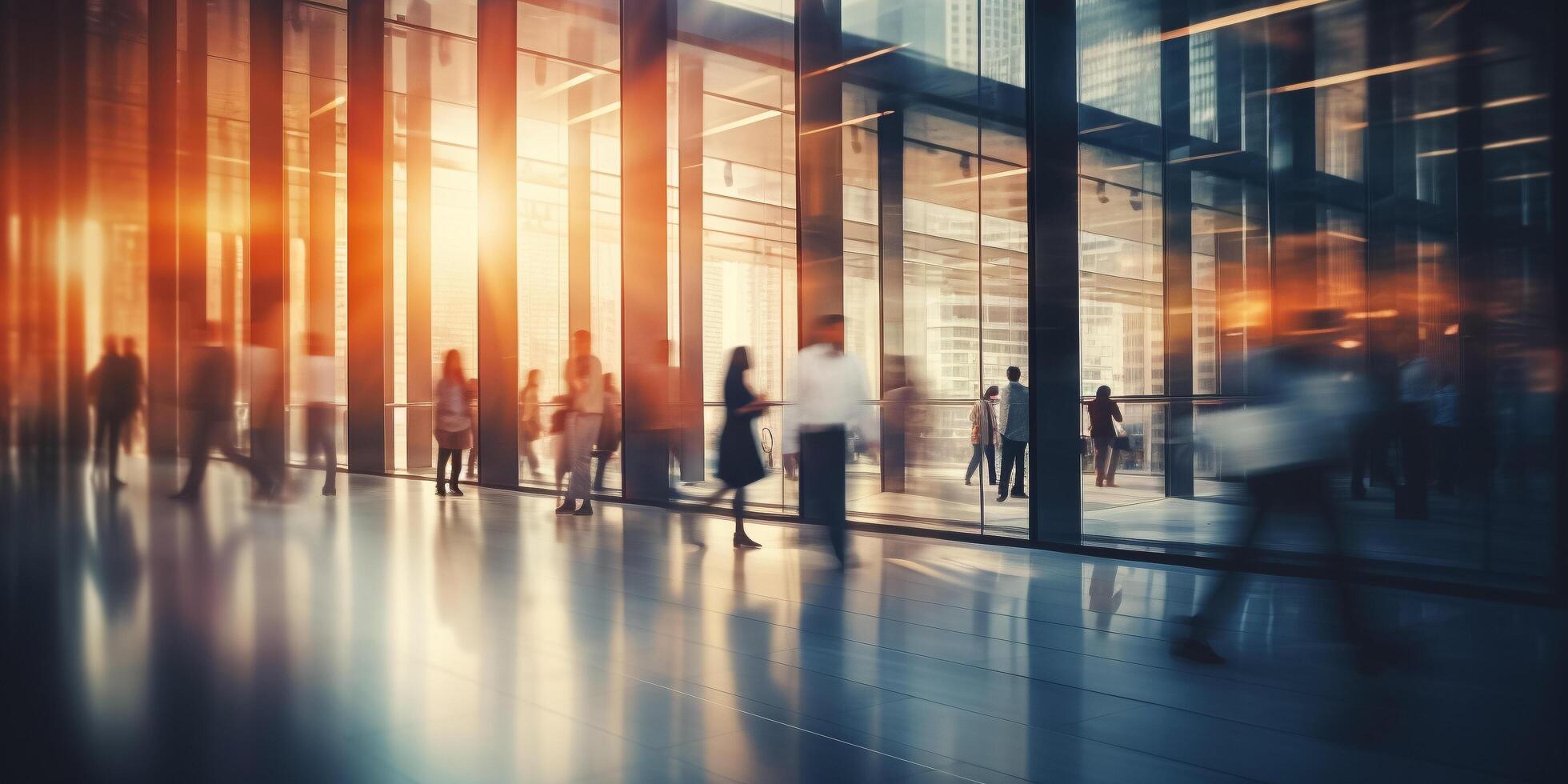 AI generated Beautiful motion blurred crowd of people walking in rush hour with modern office building photo